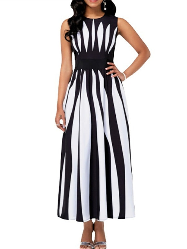 Women's Dress - Striped Casual Dress Swing Dress Long Dress Maxi Dress White Sleeveless Pocket Spring Summer Crew Neck Weekend Loose Fit 2023 S M L XL XXL 3XL 4XL 5XL