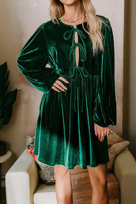 Evergreen Front Tie Velvet Bubble Sleeve Mini Dress