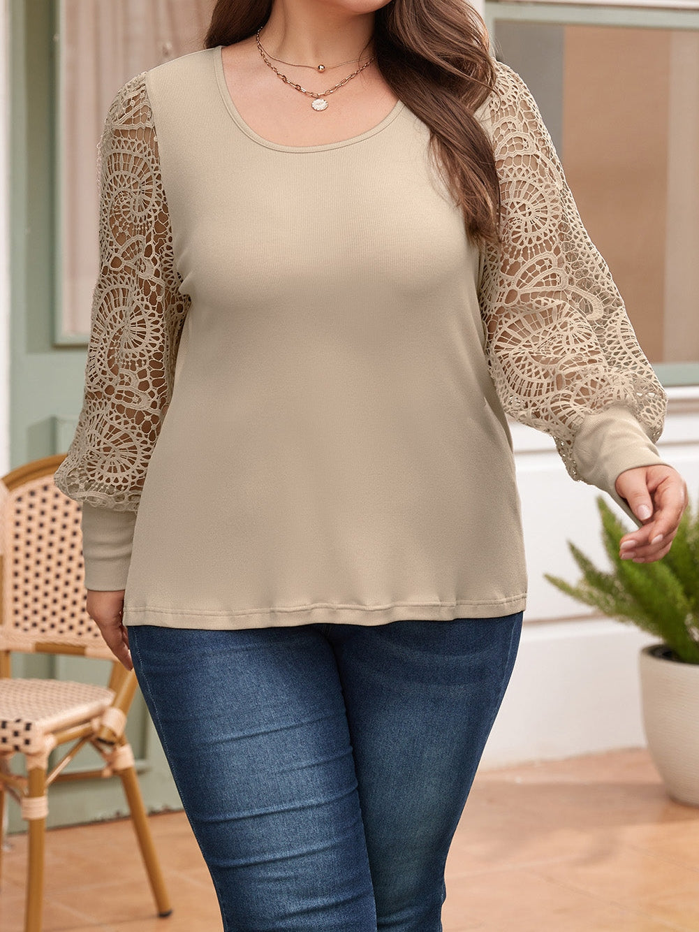 Lace Sleeve Ribbed Pullover with Square Neck