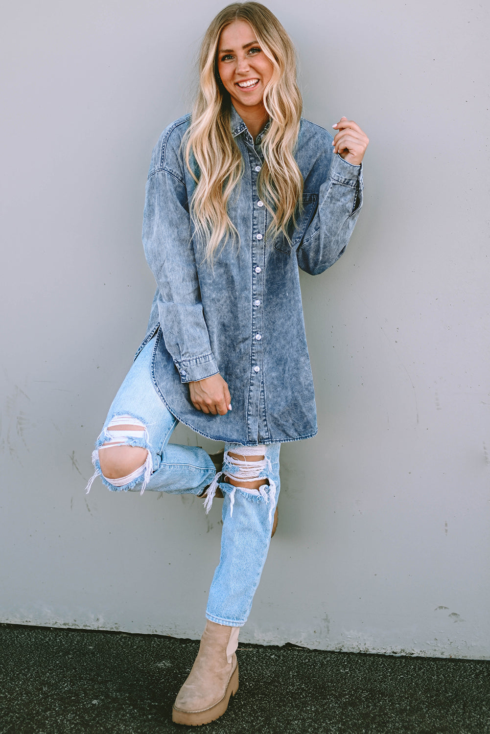 Pocket Short Sleeve Denim Slit Shirt Dress
