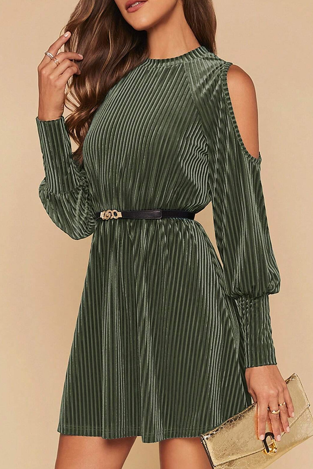Mist Green Velvet Textured Cold Shoulder Bishop Sleeve Flared Mini Dress