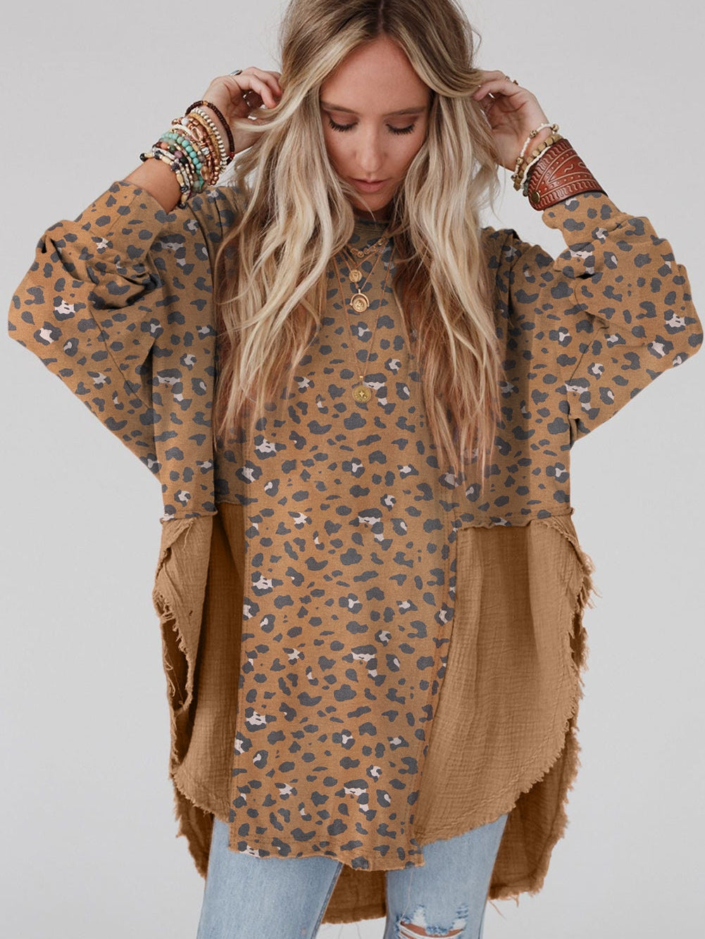 Leopard Patchwork Oversized Brown Blouse with Raw Hem