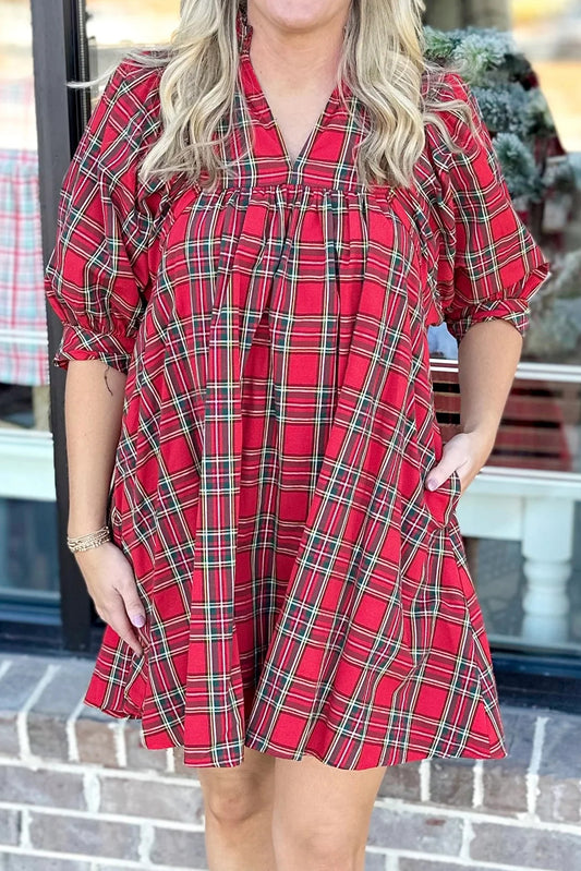 Red Holiday Plaid Split Neck Puff Sleeve Mini Dress