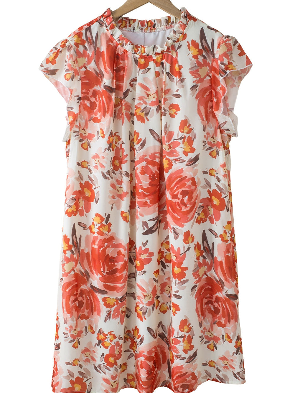 Vibrant Crimson Frilled Neck Ruffle Sleeveless Floral Dress