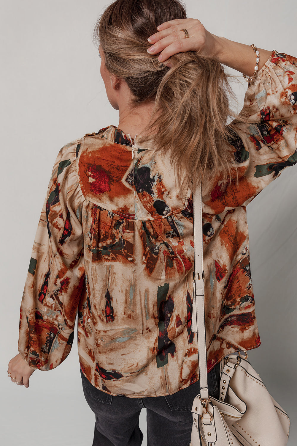Multicolour Retro Abstract Print Zip Back Long Puff Sleeve Blouse