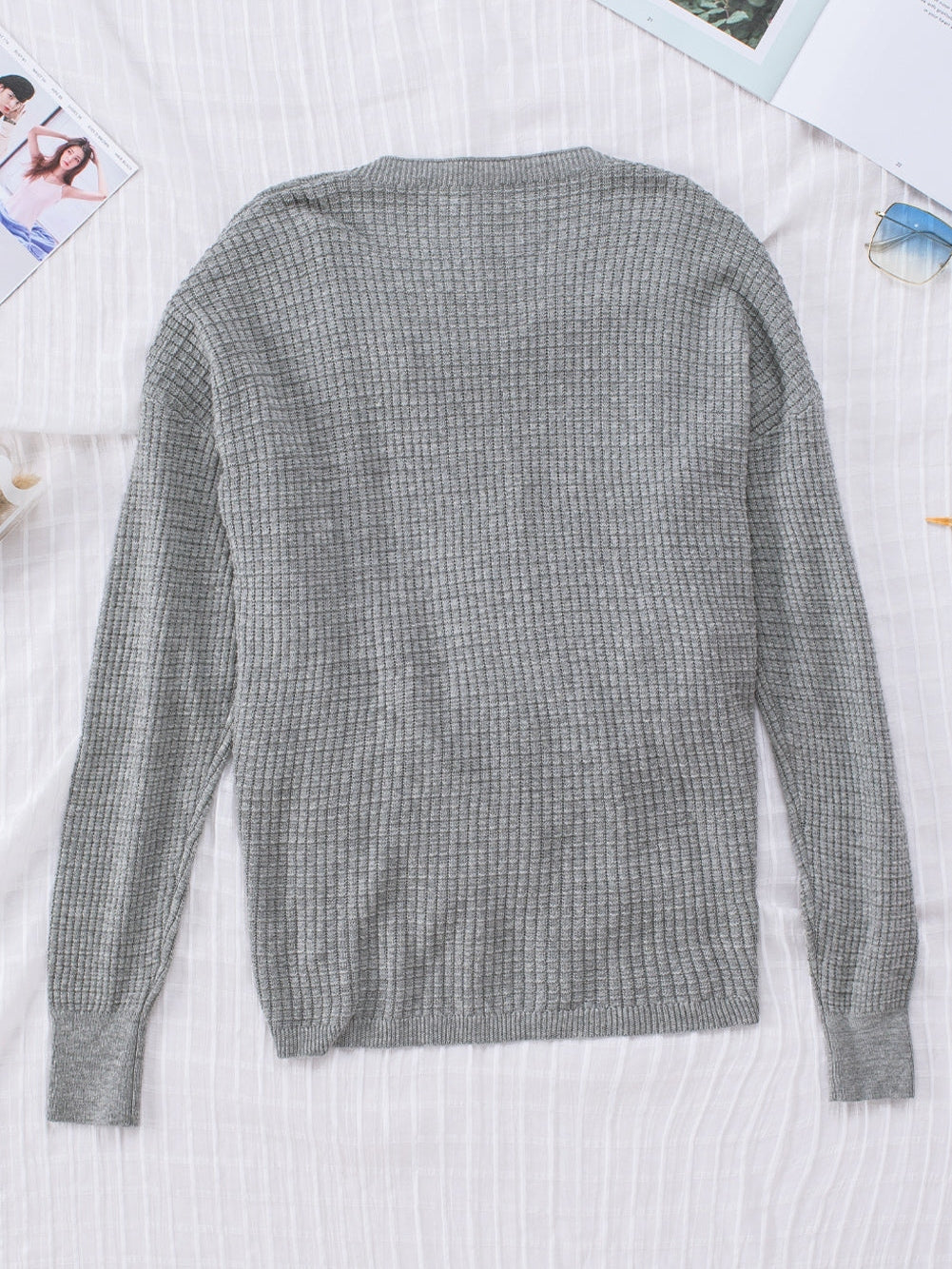 Khaki Reversible V-Neck Waffle Knit Sweater