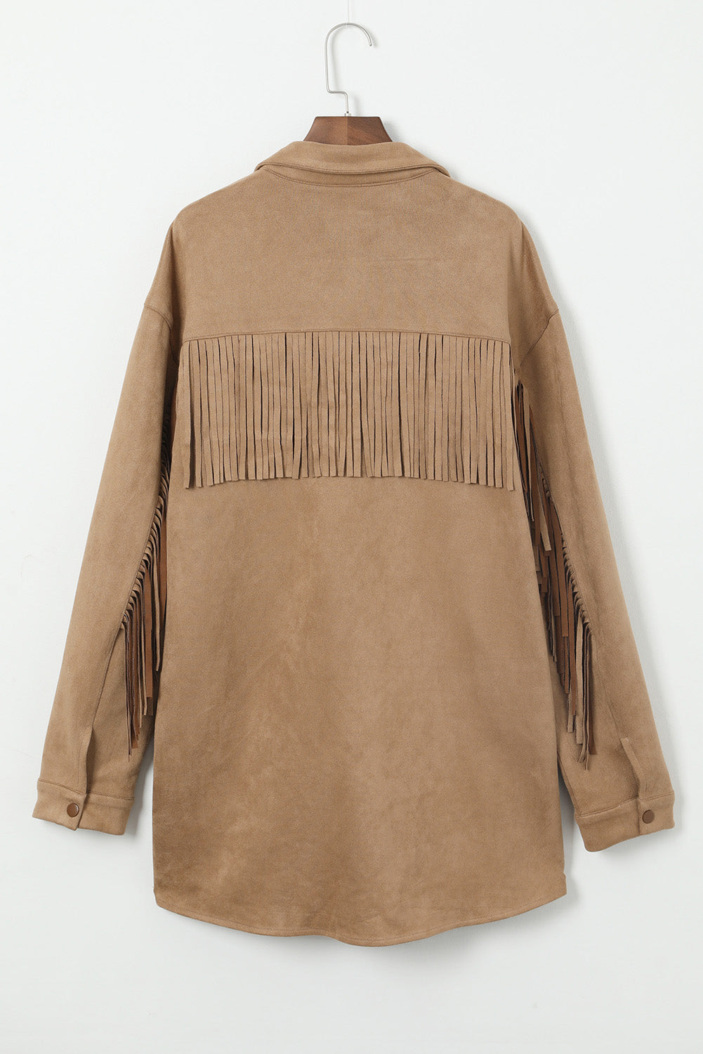 Khaki Suede Shacket with Fringe Detail for Plus Size Women