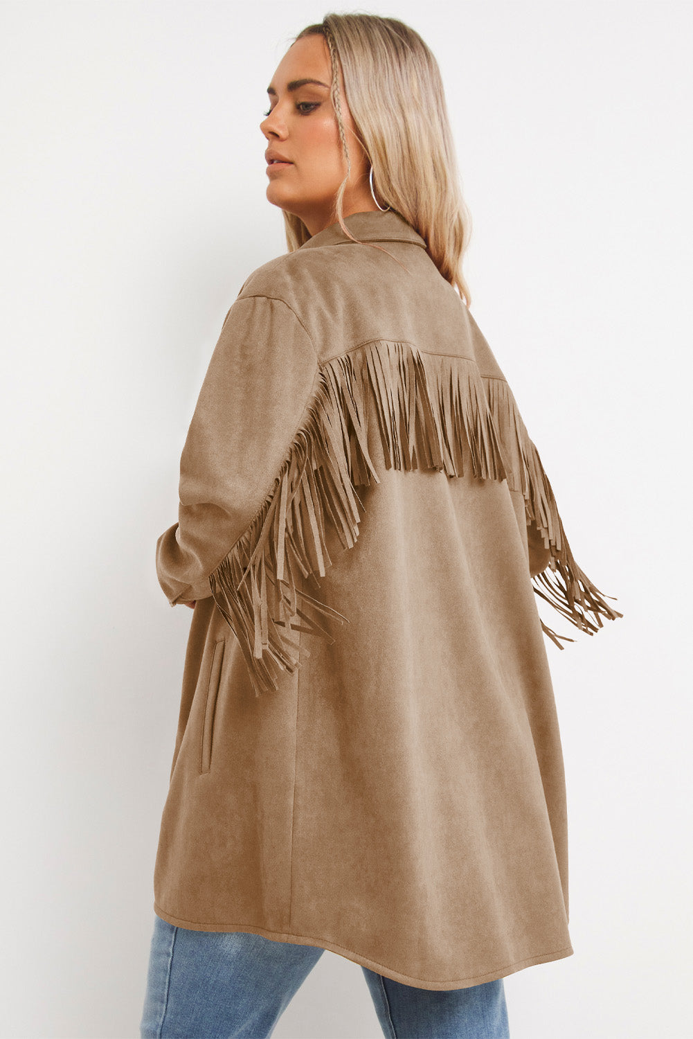 Khaki Suede Shacket with Fringe Detail for Plus Size Women