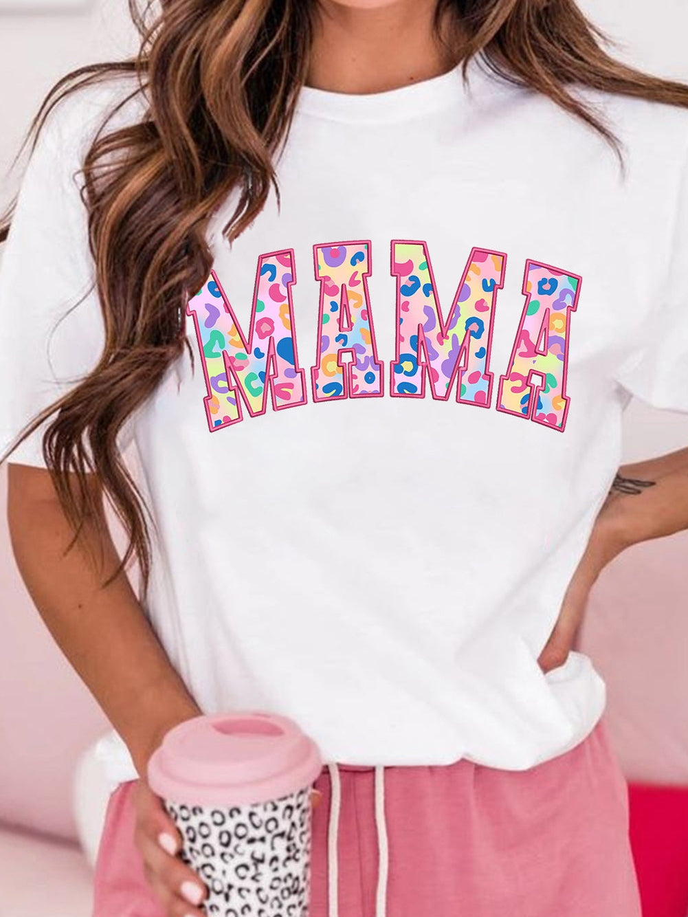 Leopard Embroidered White MAMA Graphic Tee