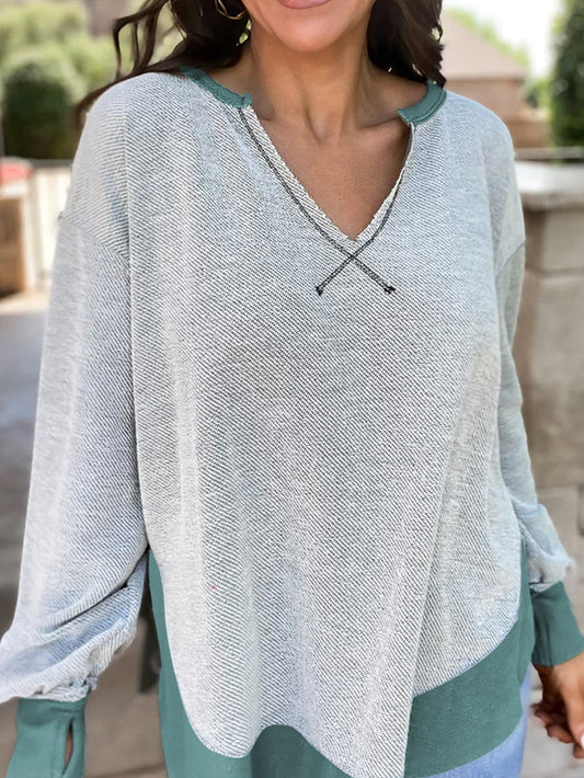 Laurel Green Unique Exposed Seam Notched Neck Sweatshirt