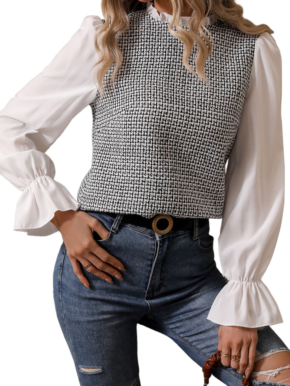 Elegant Black Tweed Top with Frill Neck and Flounce Sleeves