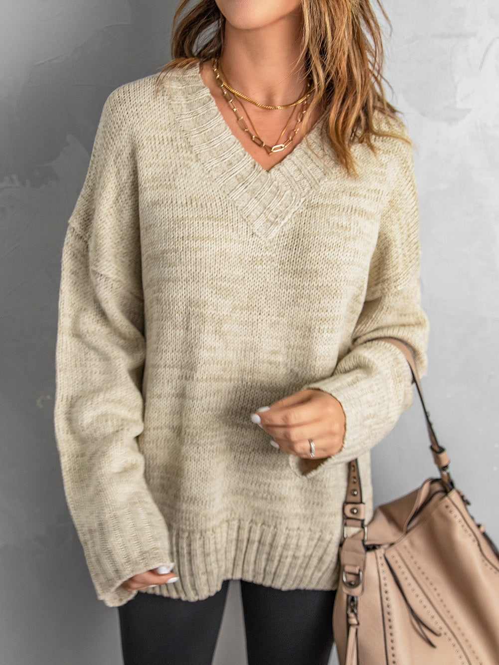 Khaki Drop Shoulder V-Neck Knit Pullover Sweater