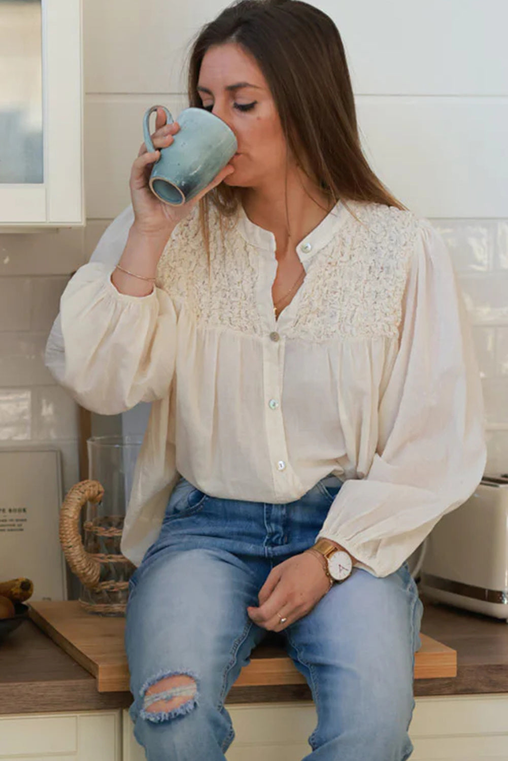 Beige Smocked Chest Elastic Cuffs Loose Sleeve Floaty Blouse