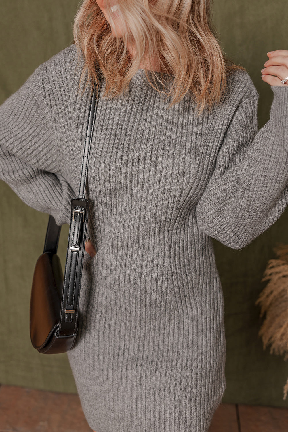Gray Ribbed Knit Long Sleeve Crewneck Slim Fit Sweater Dress