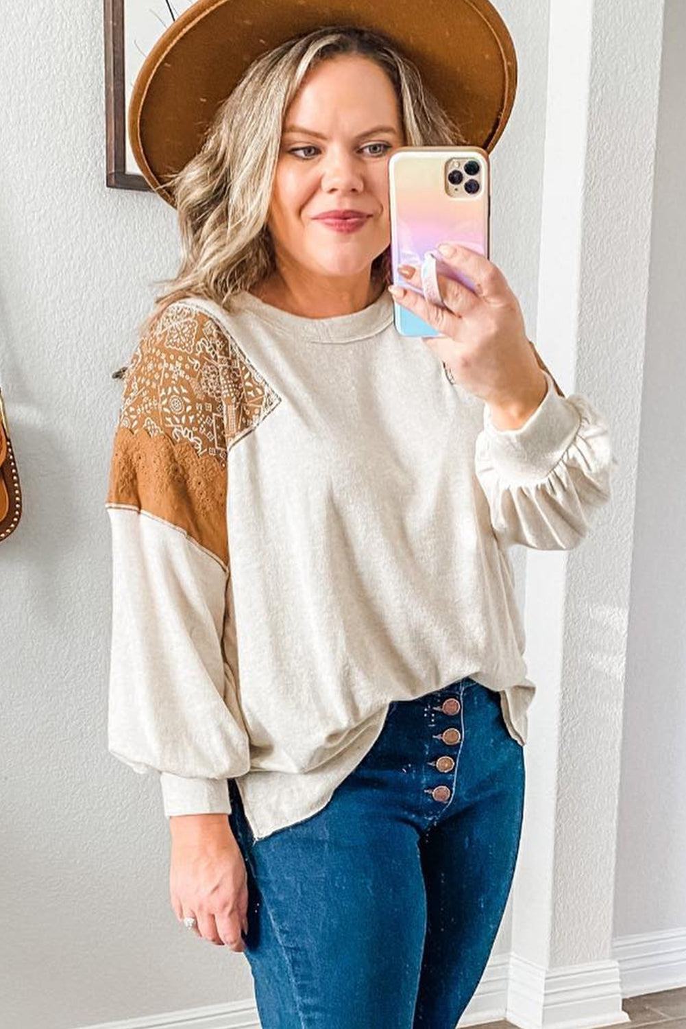 Beige Lace Western Print Patchwork Plus Size Long Sleeve Top