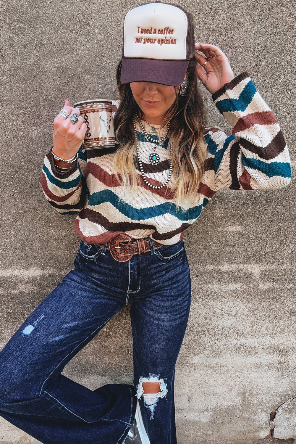 Multicolour Retro Wave Print Western Sweater