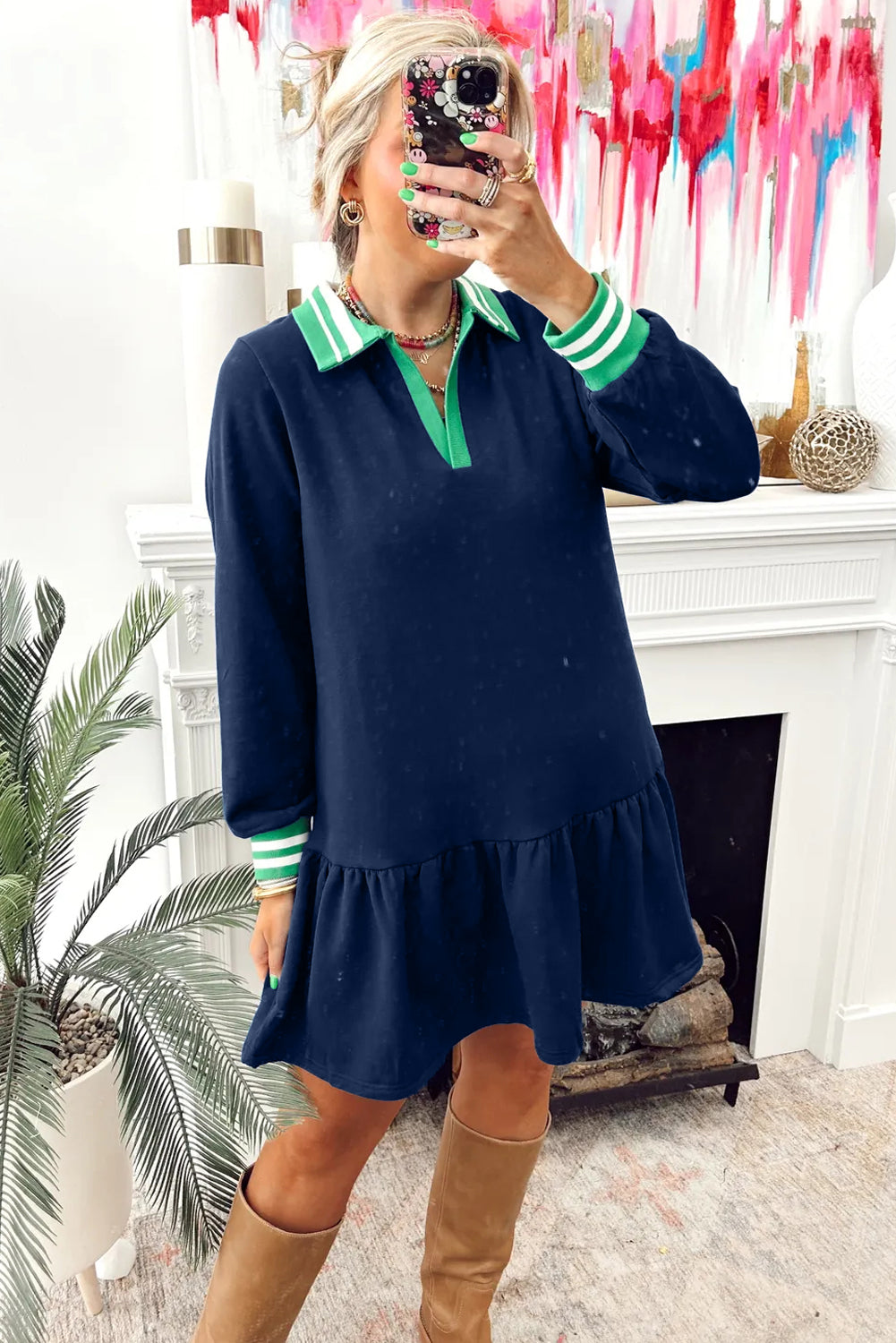 Navy Blue Contrast Striped Cuffs Polo Collar Patchwork Long Sleeve Ruffle Hem Mini Dress