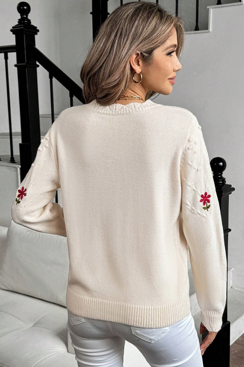 Beige Floral Embroidered Textured Detail Pullover Sweater