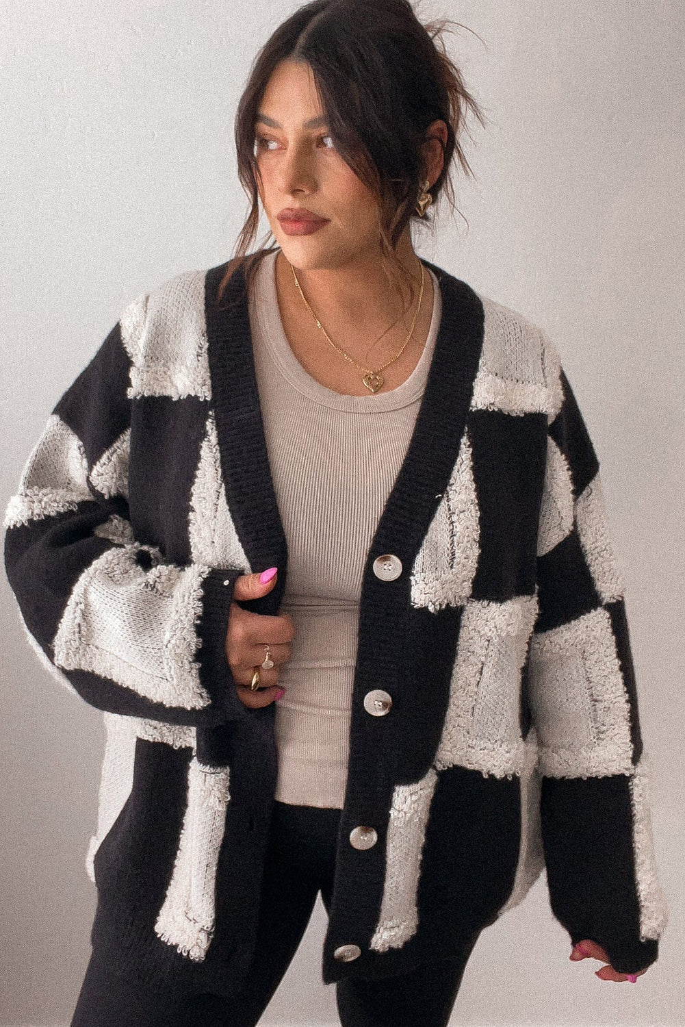 Black Checkered Buttoned V Neck Plus Size Cardigan