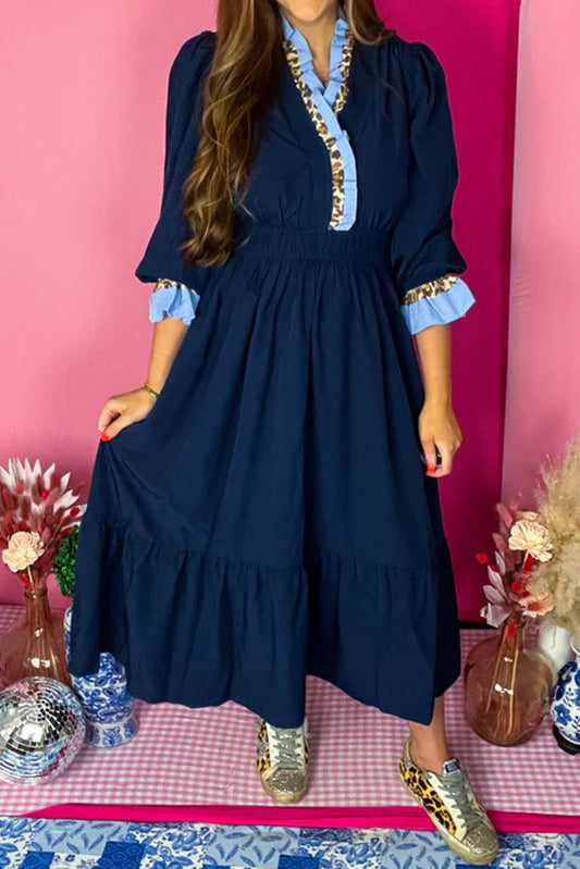 Navy Blue Contrast Frilled Trim V Neck 3/4 Ruffled Sleeve Flowy Midi Dress