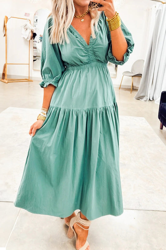 Canton V Neck Frilled Puff Sleeve Cinched Waist Flared Long Dress