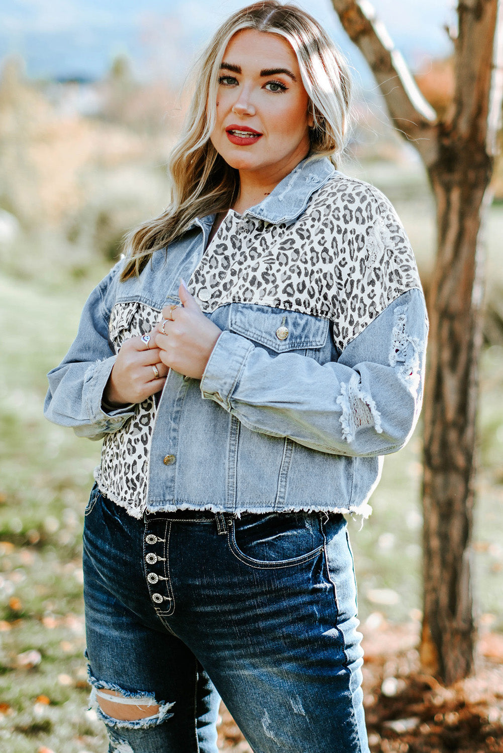 Leopard Patchwork Blue Denim Jacket for Curvy Fashionistas