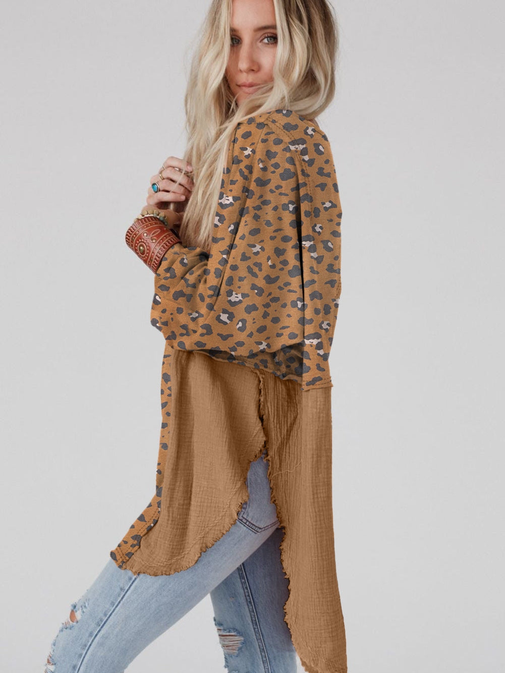 Leopard Patchwork Oversized Brown Blouse with Raw Hem