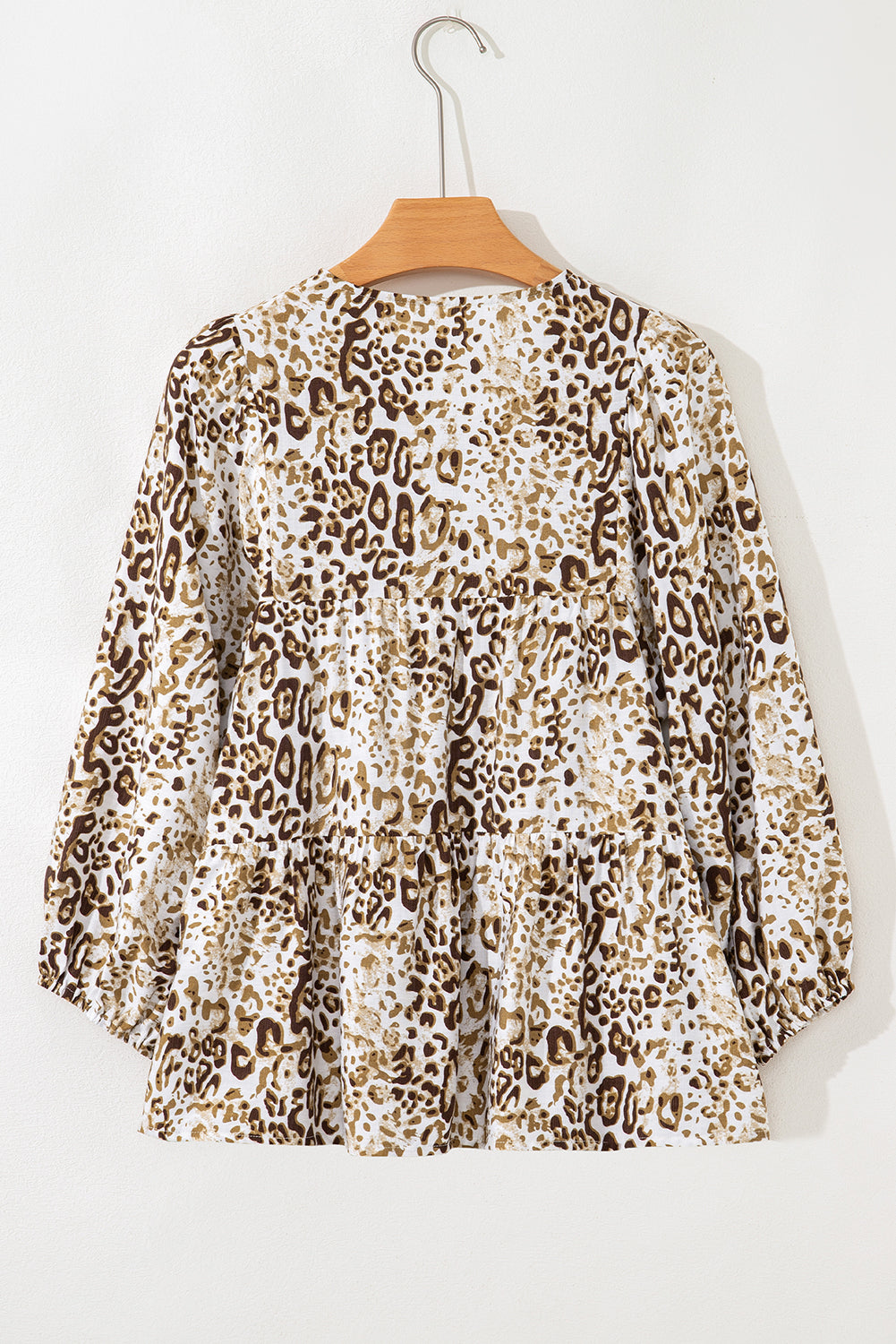 Khaki Leopard Print Long Sleeve Bead Tie V Neck Blouse