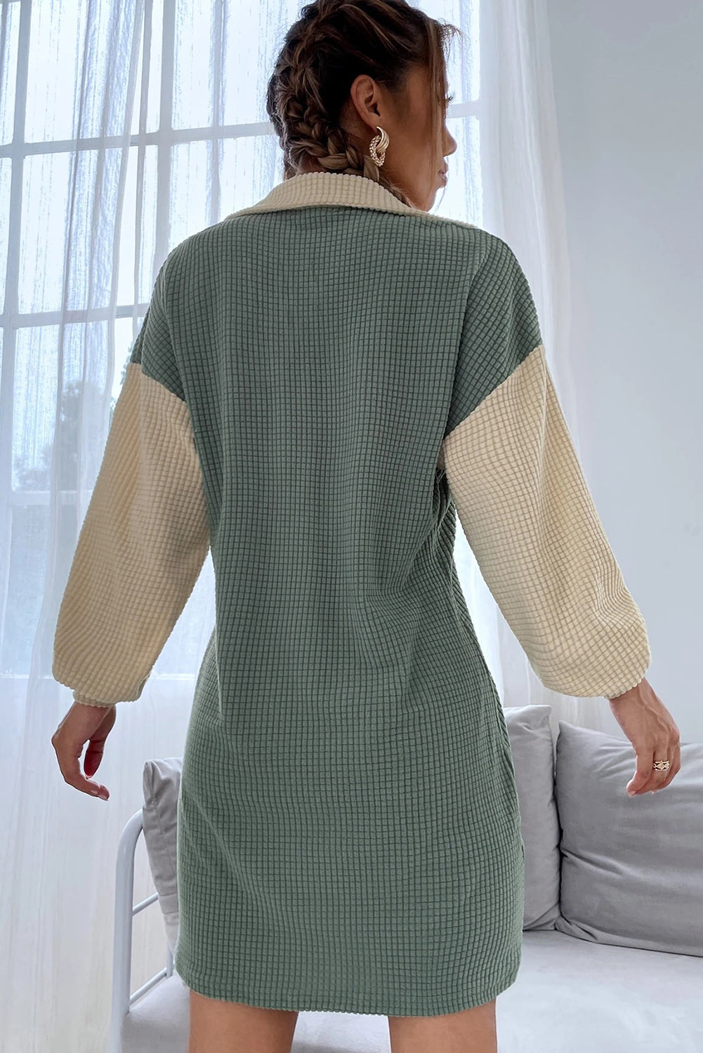 Green Bay Lattice Textured Color Block Patchwork Long Sleeve Button Collared Mini Dress