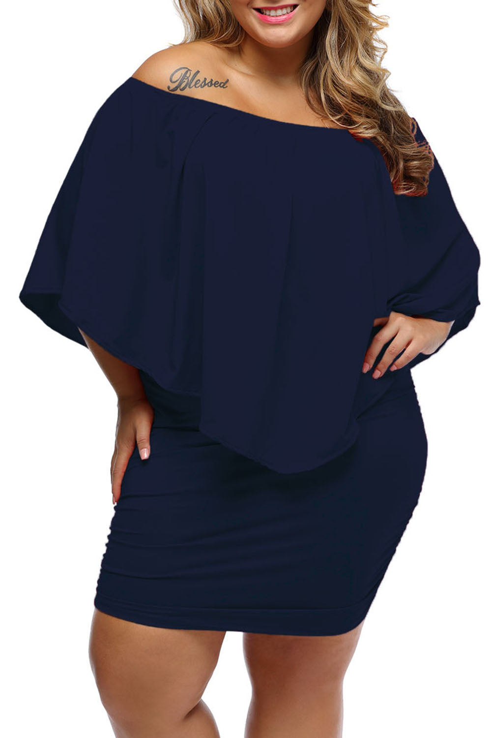 Layered Ruffle Top Plus Size Dark Blue Poncho Mini Dress