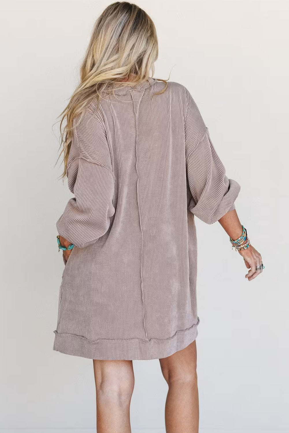 Smoke Gray Twisted Ribbed Exposed Seam Drop Shoulder Patch Pocket Loose Mini Dress