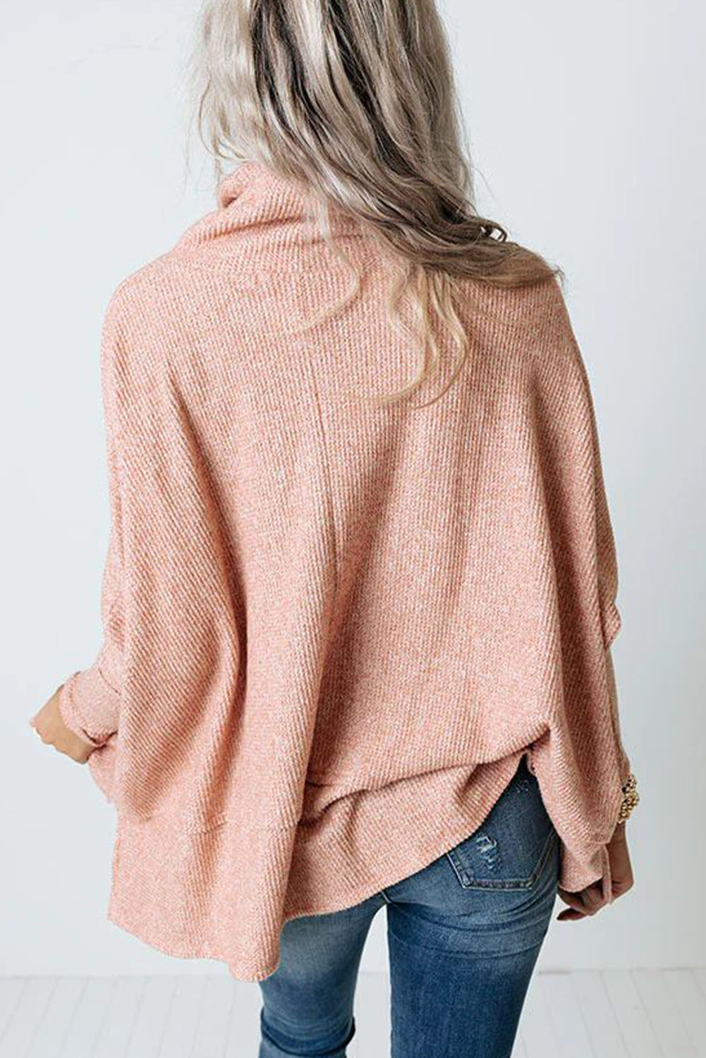 Apricot Pink Textured Knit Drawstring Cowl Neck Oversize Top with Side Slits