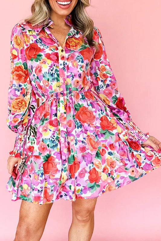 Rose Bold Floral Print Smocked Long Sleeve Button Flared Mini Dress