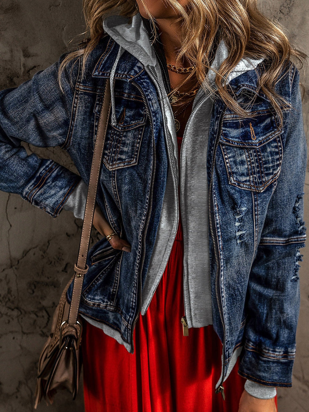 Layered Dark Blue Hooded Zip-Up Denim Jacket with Distressed Detail