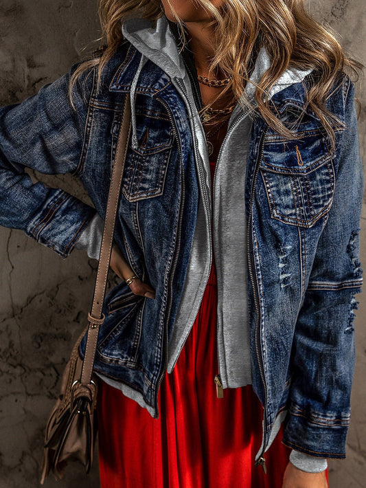 Layered Dark Blue Hooded Zip-Up Denim Jacket with Distressed Detail