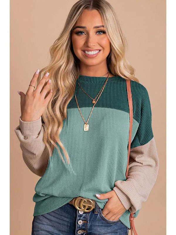 Fashionable Loose Fit Sweatshirt with Long Sleeves and Color Blocking