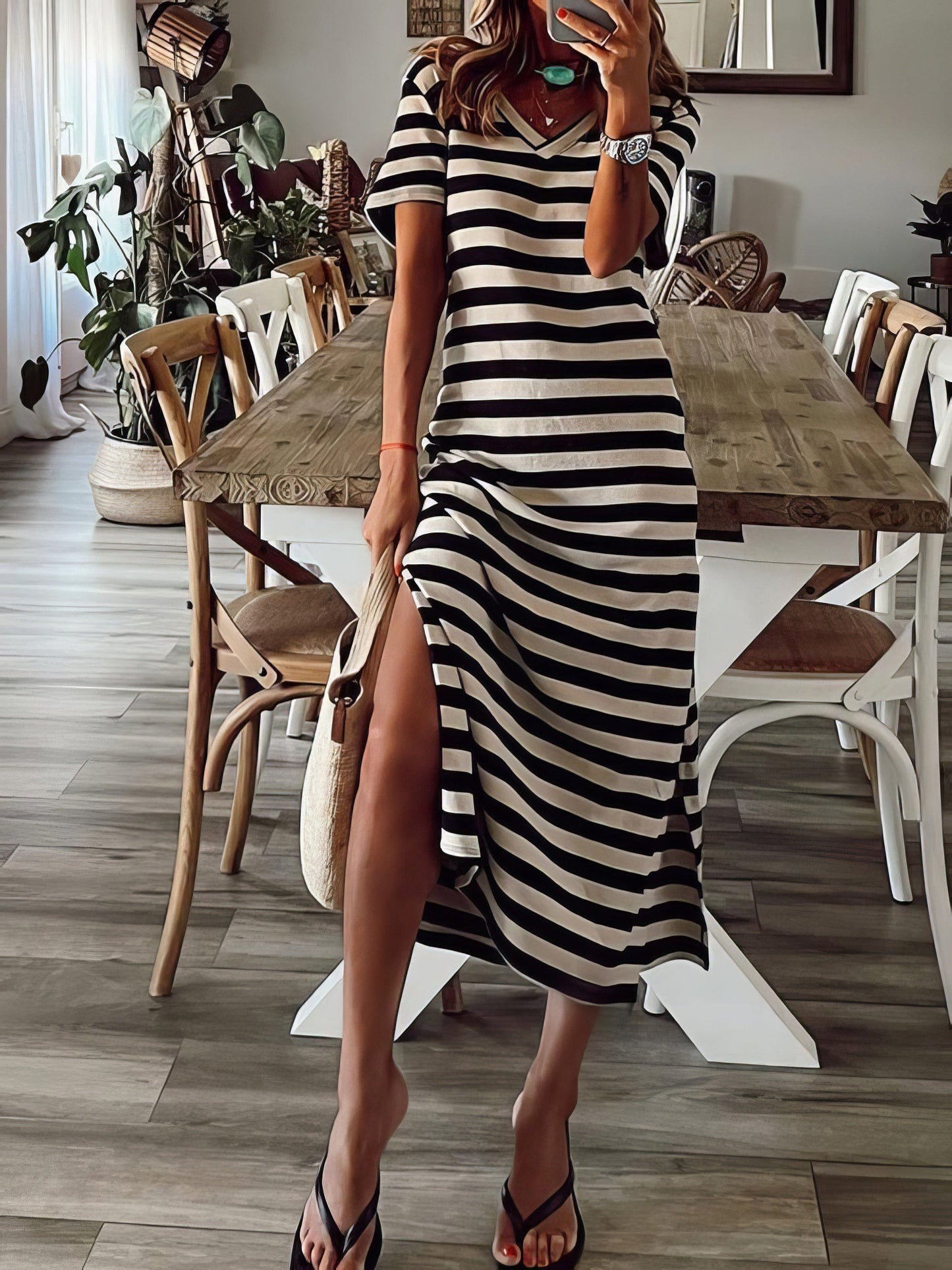 Fashionable V-Neck Striped Short Sleeve Dress with Side Slit