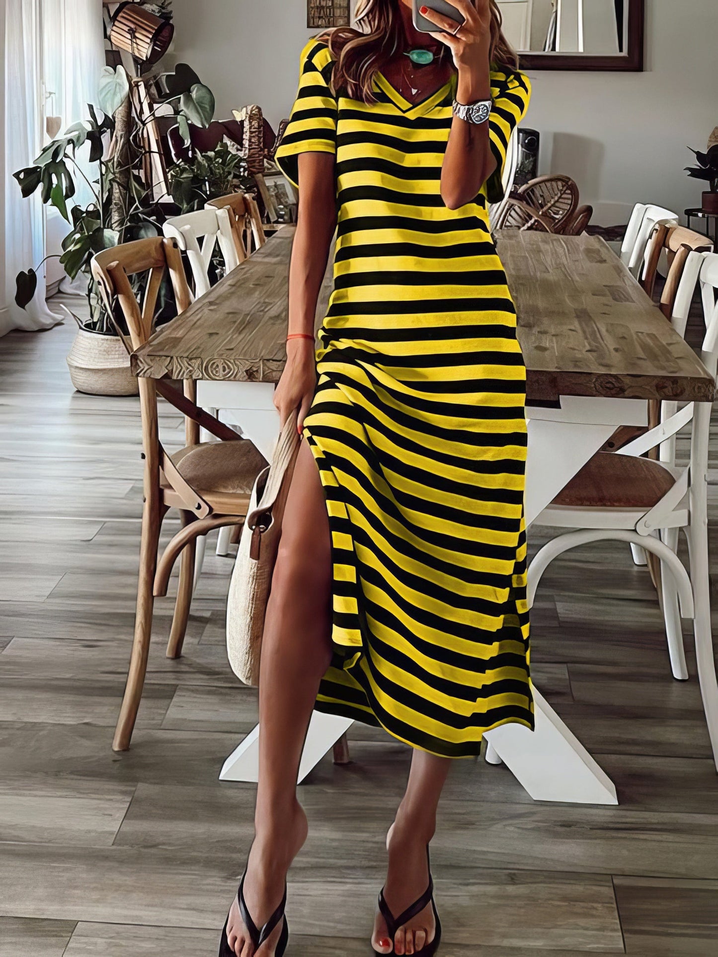 Fashionable V-Neck Striped Short Sleeve Dress with Side Slit
