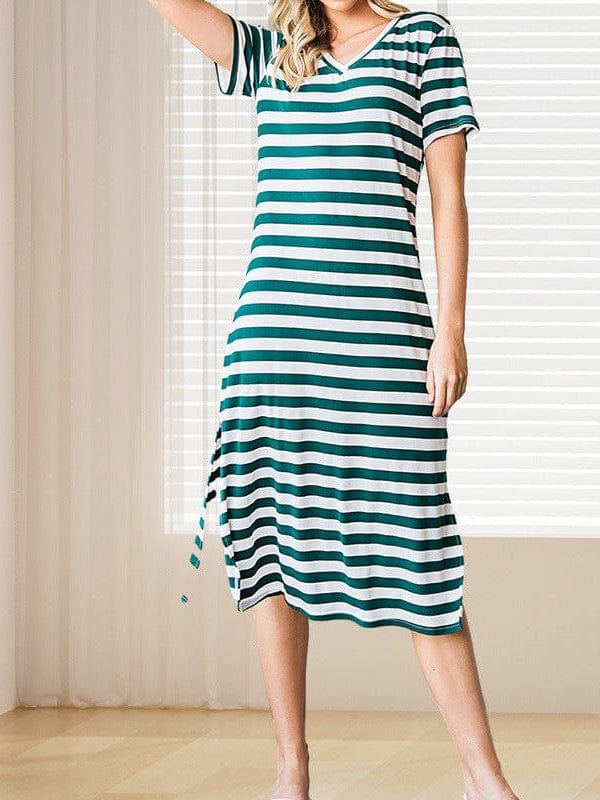 Fashionable V-Neck Striped Short Sleeve Dress with Side Slit