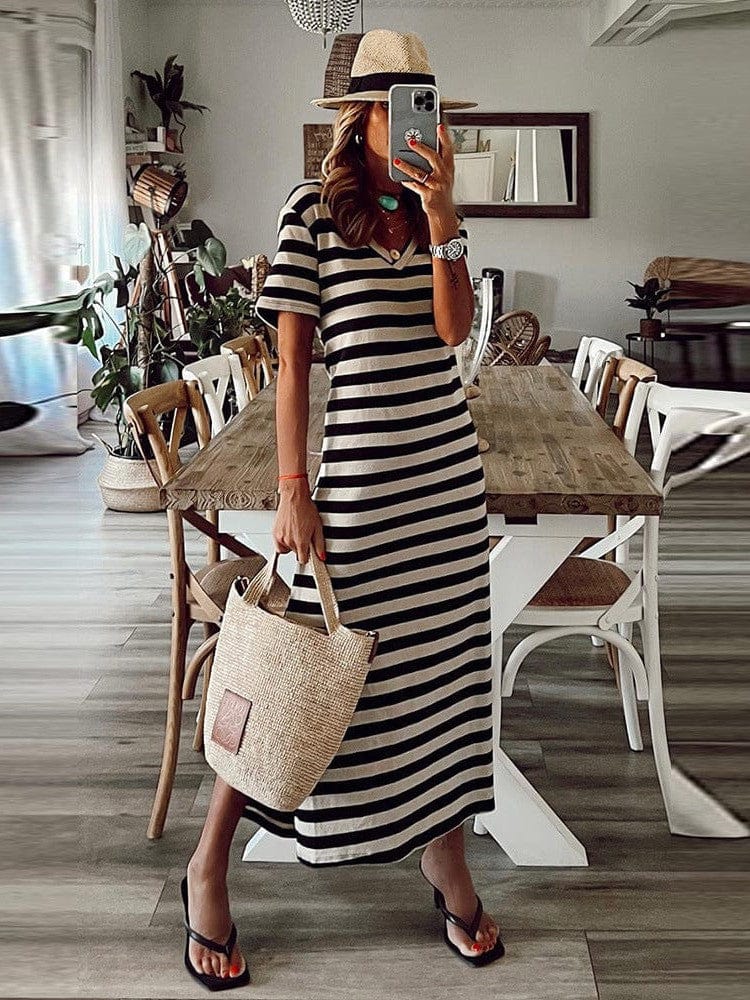 Fashionable V-Neck Striped Short Sleeve Dress with Side Slit