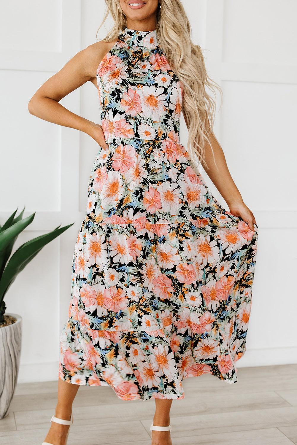 Floral V-Neck Off-Shoulder Short Sleeve Dress