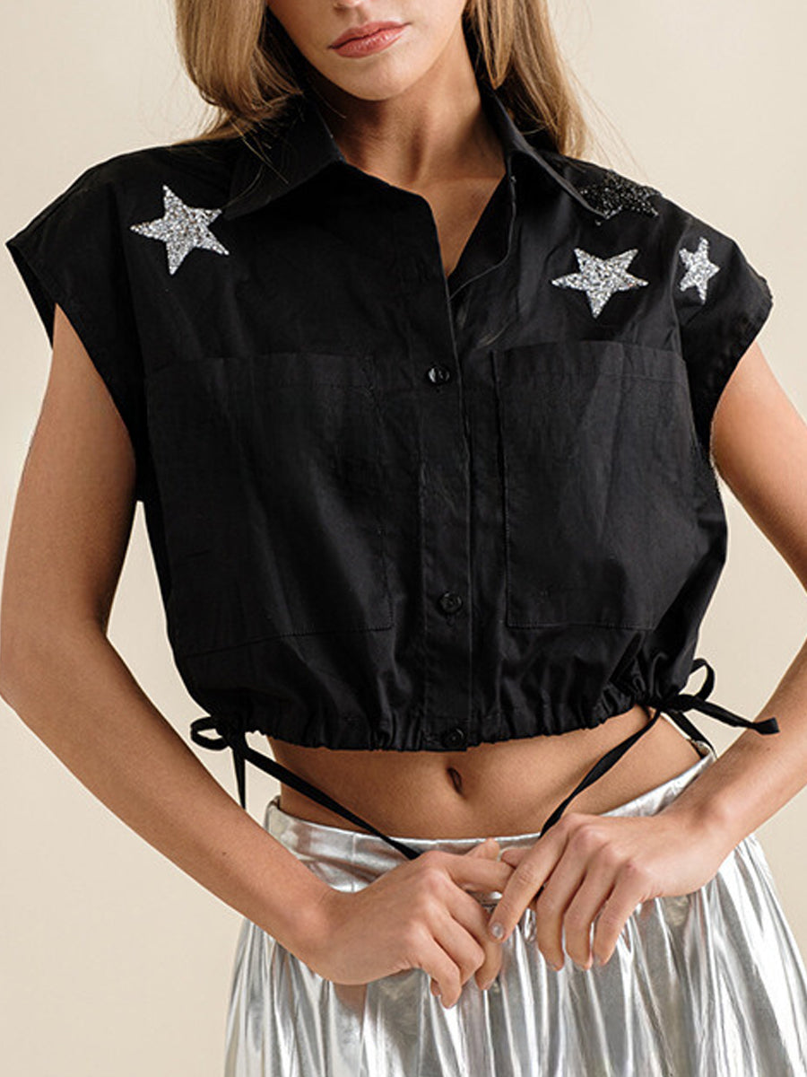 Blouses - Lapel Casual Stylish Loose Print Drawstring Blouse - MsDressly