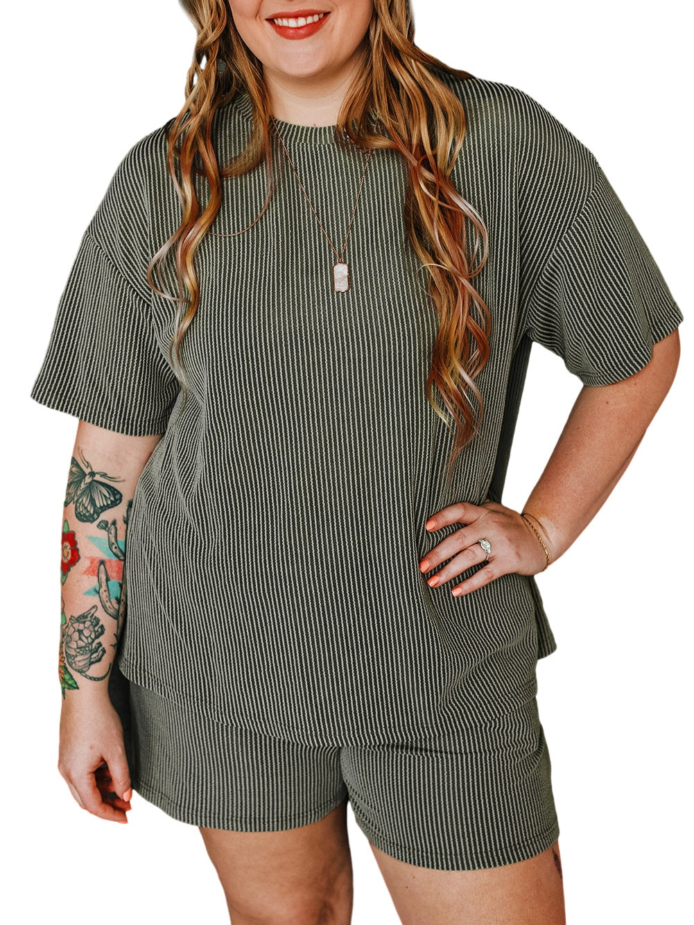 Moss Green Plus Size Rib Knit Short Sleeve Top and Shorts Set