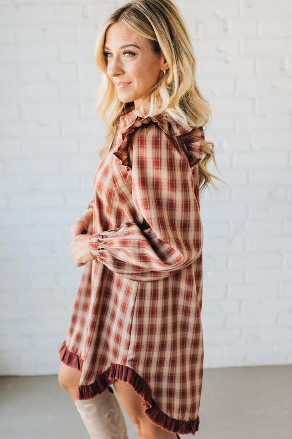 Red Plaid Print Ruffled Long Sleeve Patchwork Hem Mini Shirt Dress
