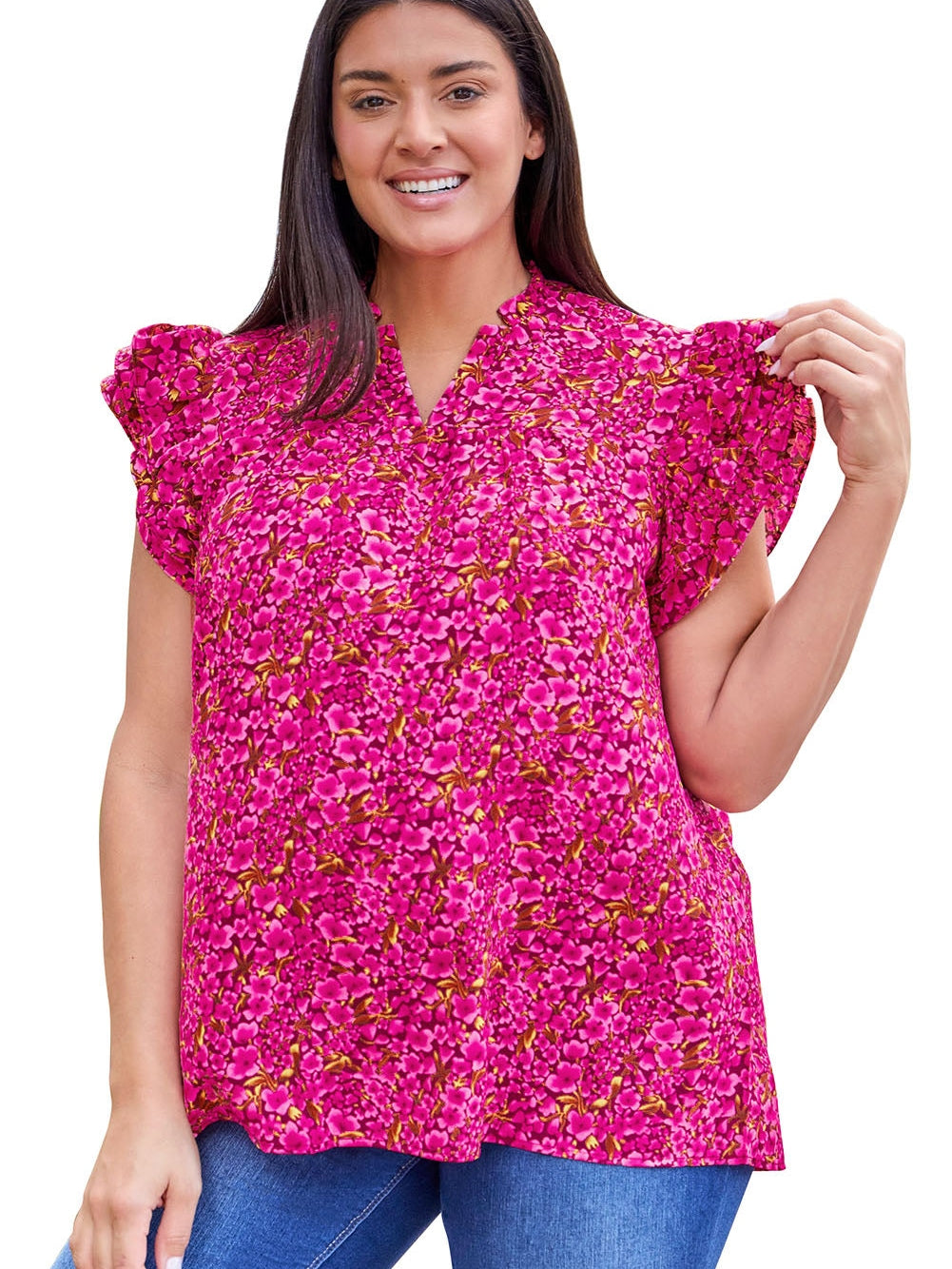 Rose Floral Print Ruffle Sleeve Plus Size Shift Top