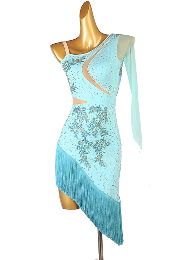 Latin Dance Dress Tassel Split Joint Crystals / Rhinestones Women's Performance Training Long Sleeve Chinlon Mesh - LuckyFash™