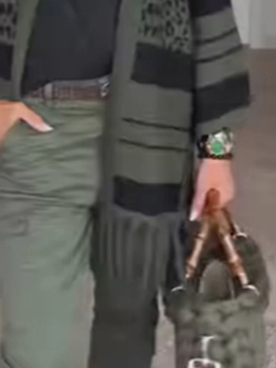 Women's Cardigan Sweater Jacket Open Front Ribbed Knit Polyester Tassel Knitted Print Fall Winter Regular Outdoor Daily Going out Fashion Casual Soft Long Sleeve Leopard Striped Dark Gray S M L