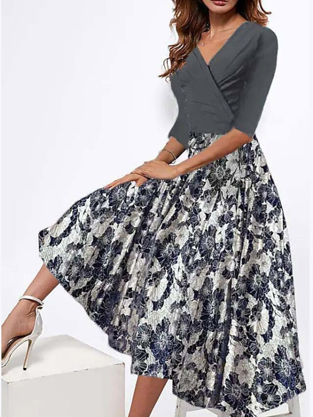 Women's Dress - Swing Dress A Line Dress Floral Dress Midi Dress Black White Gray Half Sleeve Floral Patchwork Summer Spring V Neck Fashion Vacation Loose Fit 2023 S M L XL XXL 3XL