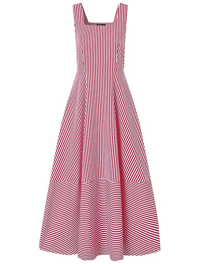 Women's Dress - Long Dress Maxi Dress Casual Dress Swing Dress A Line Dress Striped Basic Fashion Holiday Vacation Going out Ruffle Print Sleeveless Square Neck Dress Regular Fit Black Red Blue Spring Summer