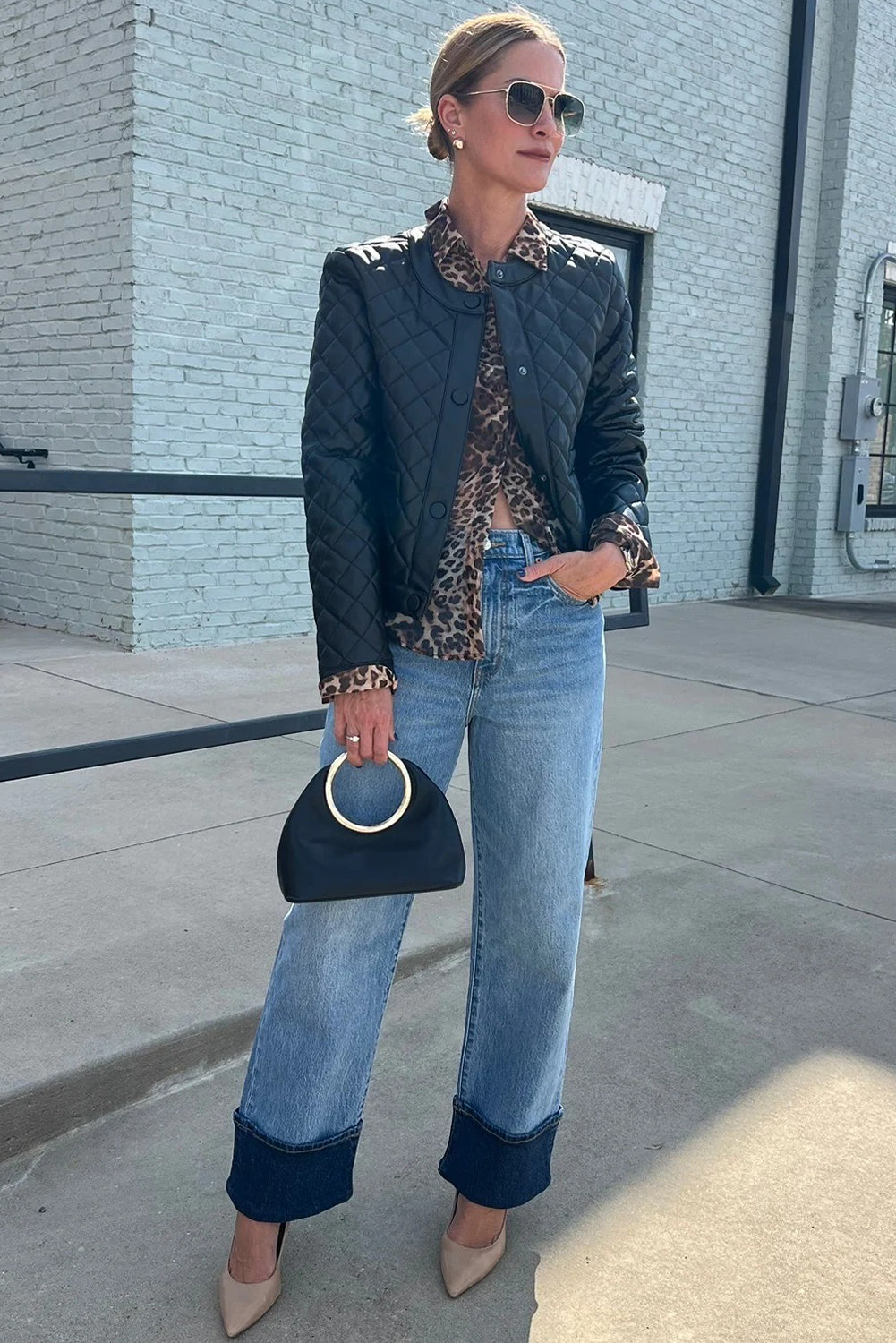 Black Faux Leather Quilted Snap Button Winter Jacket